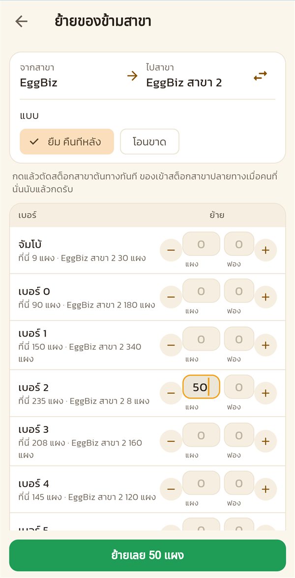 จอย้ายของข้ามสาขา ใส่เบอร์ 2 จำนวน 50 แผง