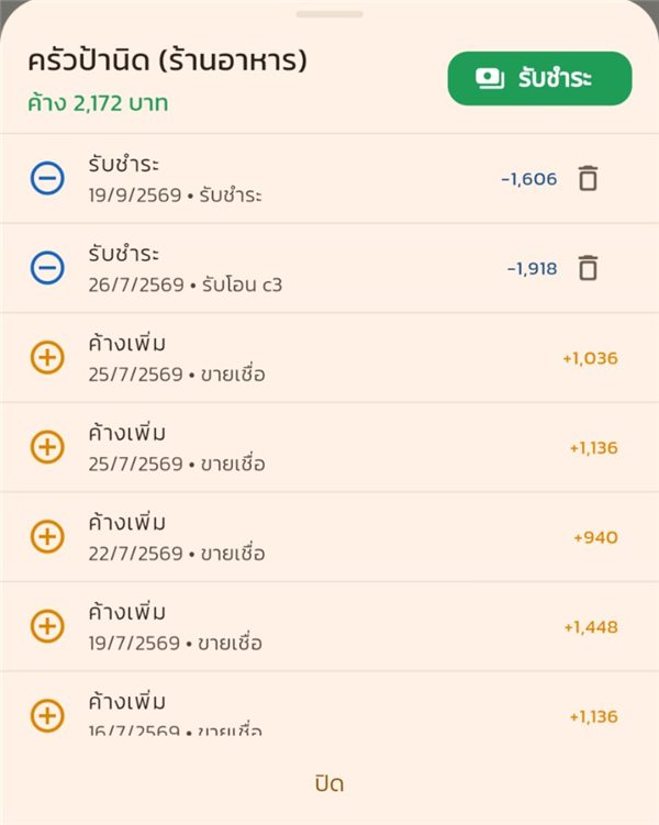 ยอดค้างเหลือ 2,172 บาท และมีรายการรับชำระวันนี้