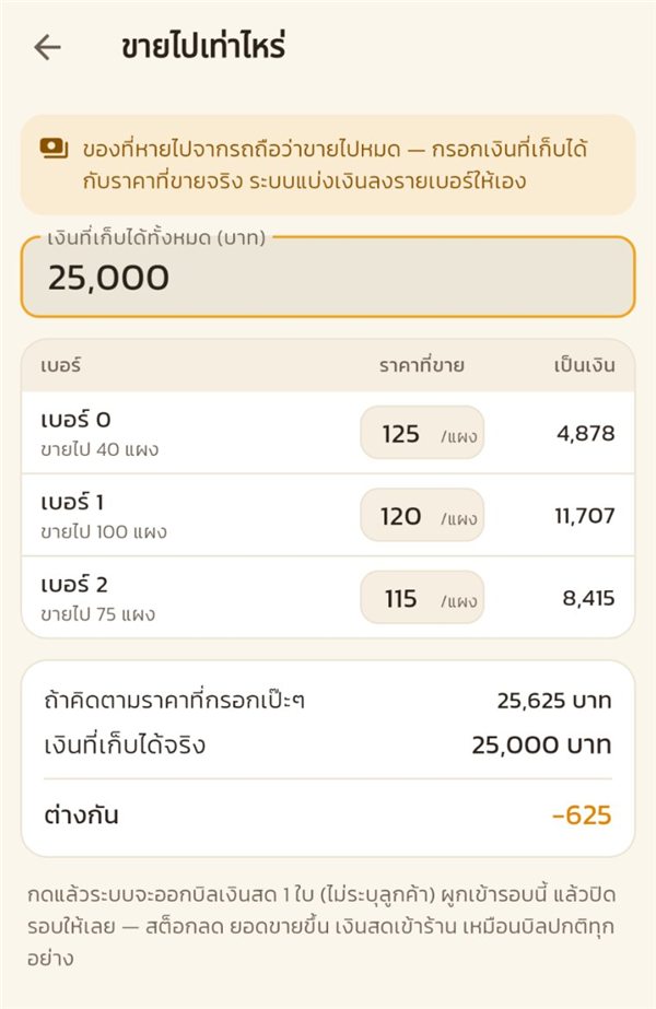 จอขายไปเท่าไหร่ กรอกเงินที่เก็บได้และราคาต่อเบอร์